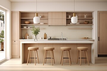 Fototapeta na wymiar Modern Kitchen Elegance: Warm Neutral Color Schemes, Pendant Lights, and Wooden Stools