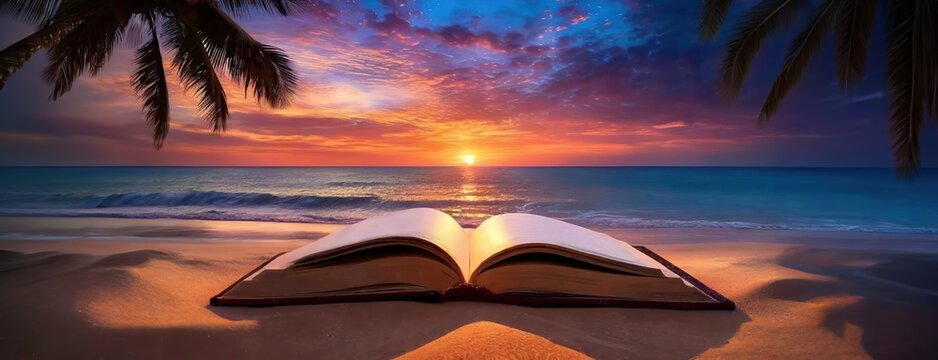 An open book on a sandy shore at sunset, palms framing the view. Pages of ancient tome set against the twilight hues of an idyllic beach. Panorama with copy space.