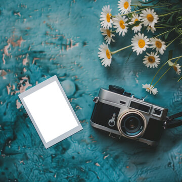 blank instant photos lies on a blue table with camra and flowers mockup / template