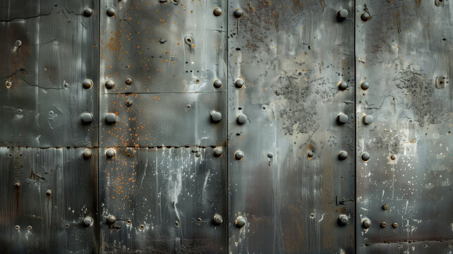 Advertising shot of not perfect, wrinkled black steel texture. Metal sheet with artificial bumps and rivets, close-up. High quality photo