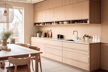 Nordic Kitchen: Warm and Neutral Color Schemes with Wooden Cabinets and Modern Lighting