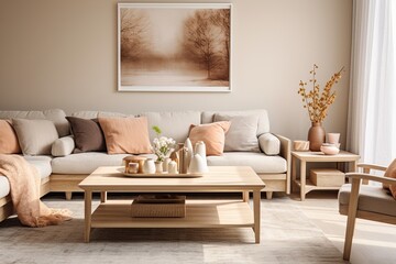 Stylish Scandinavian Living Room: Warm Neutral Colors, Beige Sofa, Wooden Coffee Table