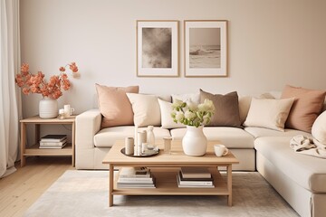 Fototapeta na wymiar Beige Sofa and Wooden Coffee Table: Warm and Neutral Scandinavian Living Room
