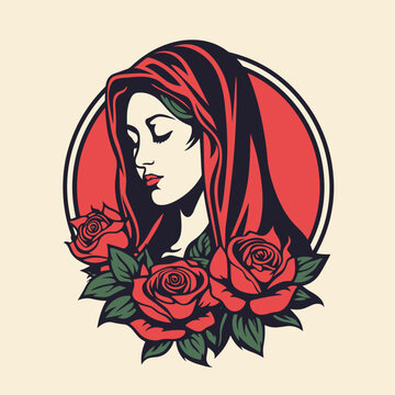 recommend clip art: Vector illustration of The Mary Our Lady Virgin Mary Mother of Jesus, Holy Mary, madonna, with roses on beige background, printable, suitable for logo, sign, tattoo, laser cutting, sticker