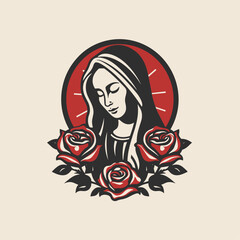 Vector illustration of The Mary Our Lady Virgin Mary Mother of Jesus, Holy Mary, madonna, with roses on beige background, printable, suitable for logo, sign, tattoo, laser cutting, sticker