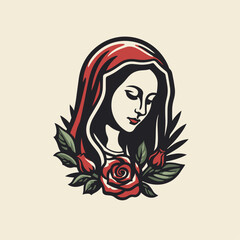 Vector illustration of The Mary Our Lady Virgin Mary Mother of Jesus, Holy Mary, madonna, with roses on beige background, printable, suitable for logo, sign, tattoo, laser cutting, sticker