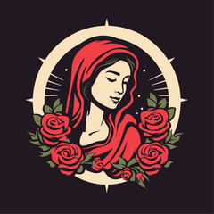 Vector illustration of The Mary Our Lady Virgin Mary Mother of Jesus, Holy Mary, madonna, with roses on black background, printable, suitable for logo, sign, tattoo, laser cutting, sticker