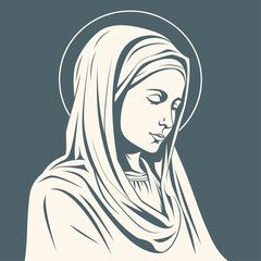 Vector illustration of The Mary Our Lady Virgin Mary Mother of Jesus, Holy Mary, madonna, white on grey background, printable, suitable for logo, sign, tattoo, laser cutting, sticker