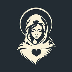 Vector illustration of The Mary Our Lady Virgin Mary Mother of Jesus, Holy Mary, madonna, beige on dark grey background, printable, suitable for logo, sign, tattoo, laser cutting, sticker