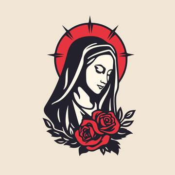 recommend clip art: Vector illustration of The Mary Our Lady Virgin Mary Mother of Jesus, Holy Mary, madonna, with roses on beige background, printable, suitable for logo, sign, tattoo, laser cutting, sticker