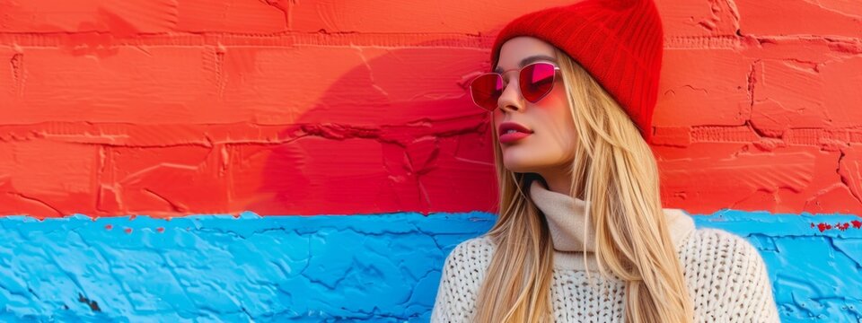 pop art collage of a blonde  model girl with peculiar sunglasses dressed with cozy winter clothes. red blue  background banner poster wallpaper. . cold autumn winter snow  abstract theme concept
