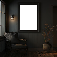 Photo frame mockup. Living room wall poster mockup. Modern dark interior design.