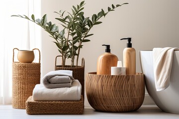 Fototapeta na wymiar Coastal Bathroom Bliss: Wooden and Clay Decor with Rattan Baskets and Bath Tray