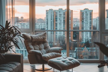 Fototapeta na wymiar Plush comfortable armchair positioned by floor-to-ceiling windows offering a stunning cityscape, exuding warmth and relaxation within a modern apartment