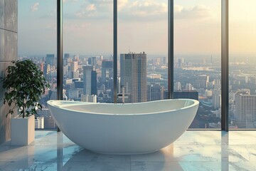 A modern standalone bathtub offers a breathtaking view of a city's skyline as the sun rises,...