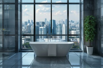 Fototapeta premium A sleek bathroom design with a large freestanding bathtub overlooks a sprawling cityscape, offering a feeling of open space and freedom