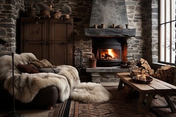 Rustic Stone Oven and Faux Fur Rug Elevate Cozy Living Space