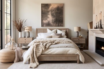 Fototapeta na wymiar Chic Bedroom Glam: Velvet Bed with Wooden and Clay Decor Items
