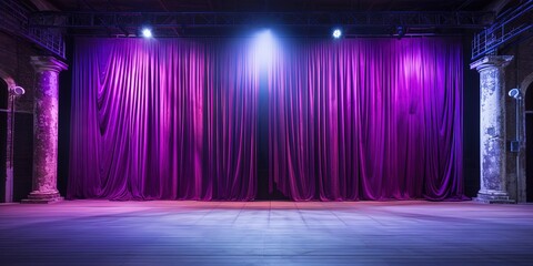 Vivid purple stage curtains in a well-lit interior setting with an inviting appeal, symbolizing a welcoming entrance