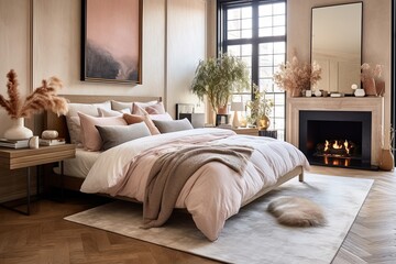 Chic Bedroom Decor: Wood and Clay Items with Velvet Bed and Glam Rug