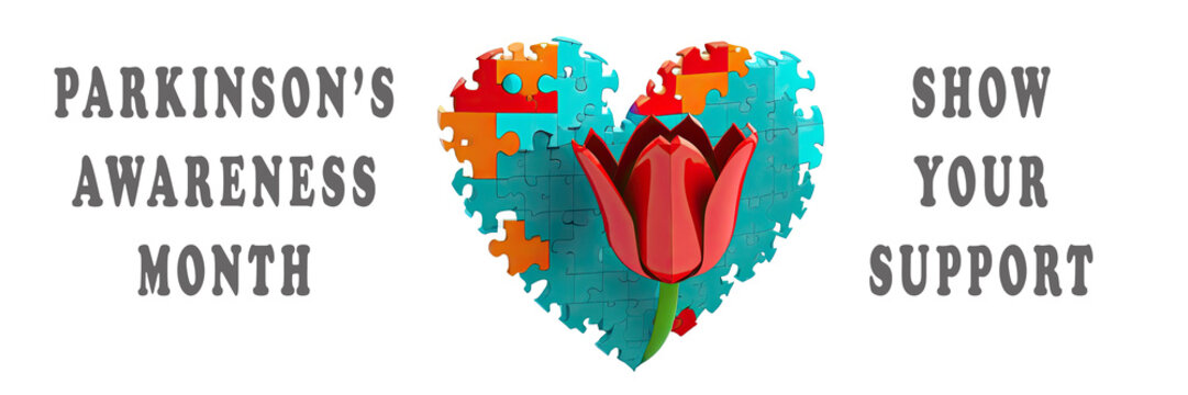 Banner heart made by a lot of multi-colored puzzles with red tulip in center as symbol of Parkinson's disease, isolated on white background. Parkinson's awareness month. Show Your Support - Powered by Adobe