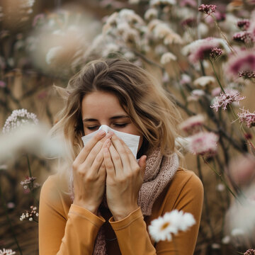 Sneezing young woman with nose wiper among blooming field. woman with allergy and asthma