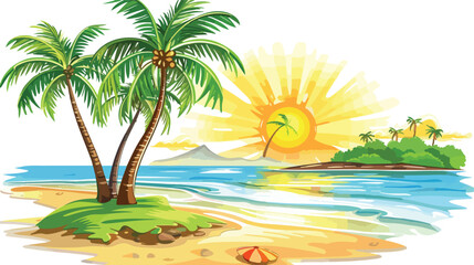 Fototapeta na wymiar Tree palm beach with sun isolated on white backgroun