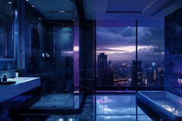 This bathroom features violet-hued lighting and reflective surfaces providing a luxurious space...