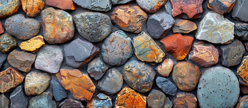 Poster a collection of rocks, varying in size and color, stacked together to form a unique and diverse pile
