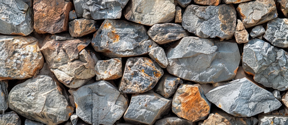 Poster a close-up of a neat arrangement of rocks piled next to each other in a controlled and intentional s