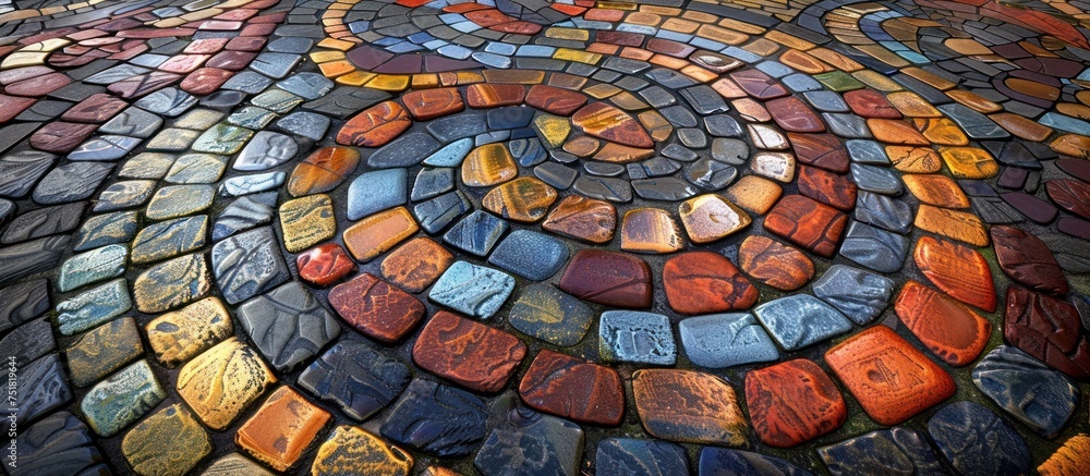 Poster a vibrant circular design crafted from an arrangement of colorful stones, creating an intricate and 