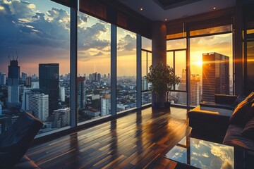 An opulent apartment with floor-to-ceiling windows overlooking a stunning cityscape during sunset, showcasing a blend of comfort and upscale urban living