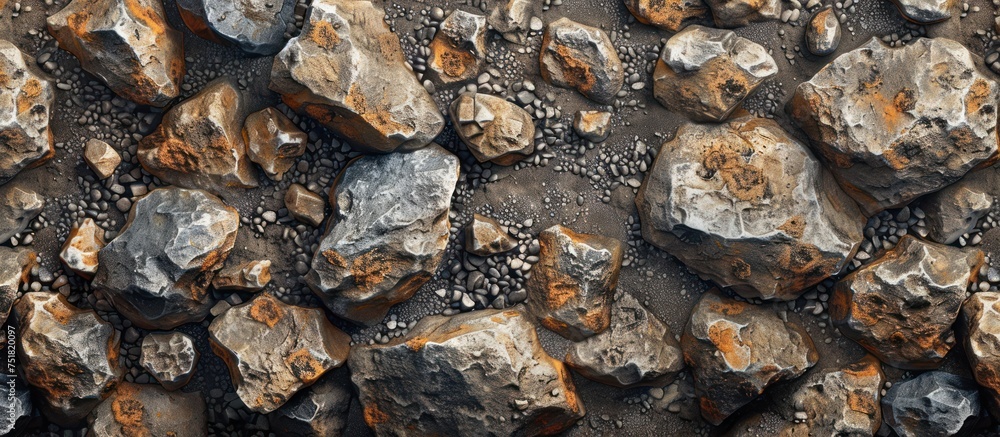 Poster several rocks of various shapes and sizes are arranged closely together on the ground, creating a cl