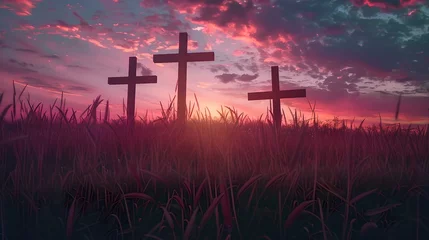 Foto op Canvas Serene sunset silhouette of three crosses in a field. calm, reflective, spiritual scene with vibrant skies. perfect for religious themes. image crafted with care. AI © Irina Ukrainets