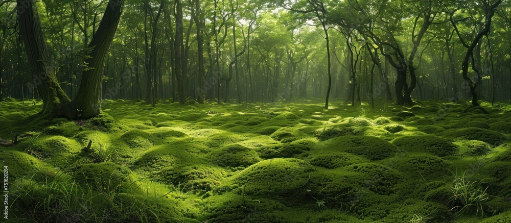 Poster a dense and lush green forest with an abundance of trees creating a vibrant and thriving ecosystem.