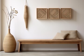 Minimalist Room Magnificence: Woven Wall Hangings, Solid Wood Bench, Light Decor