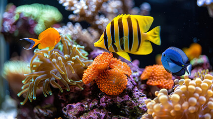 The underwater world with coral reefs, where instead of fish are luminous jellyfish