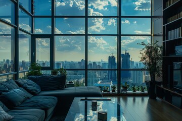 This stunning image captures an expansive view of the city skyline through the floor-to-ceiling windows of a modern apartment