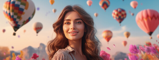 A radiant woman with a dreamy backdrop of hot air balloons and flowers, exuding joy and adventure.