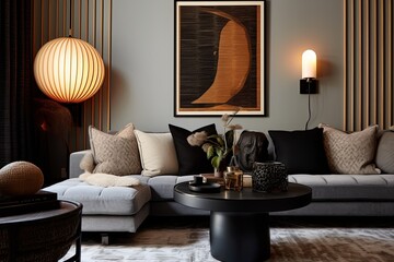 Chic Lighting and Art Deco Style Elevate Modern Apartment with Woven Wall Hangings