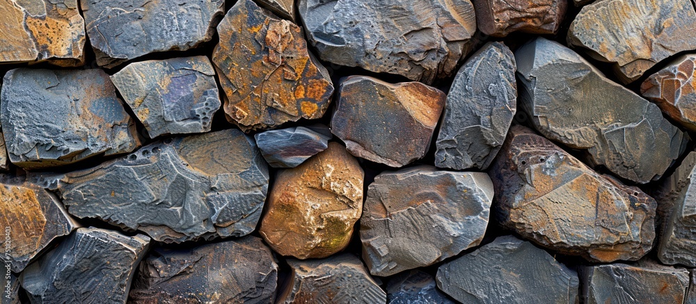 Poster detailed view of a wall constructed from rocks creating a textured surface.