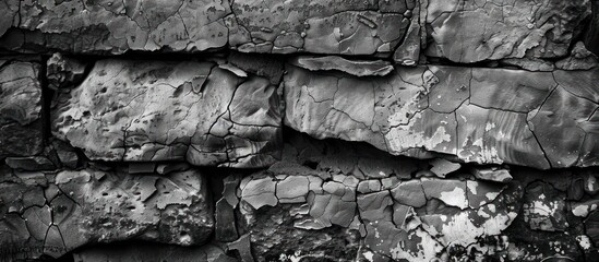 A black and white close-up of a rugged rock wall, showcasing intricate layers and textures.