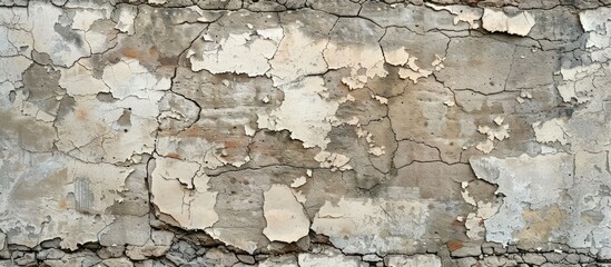 Detailed view of a weathered wall with peeling paint, revealing layers of colors and textures.