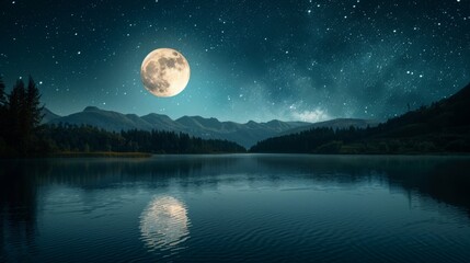 Full moon illuminating a tranquil lake at night
