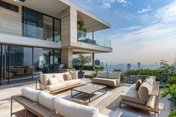 Fototapeta na wymiar Elegant balcony with stylish outdoor furniture overlooking the skyline, symbolizing urban luxury living