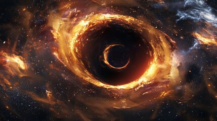 Black hole absorbing fiery nebula in space - obrazy, fototapety, plakaty