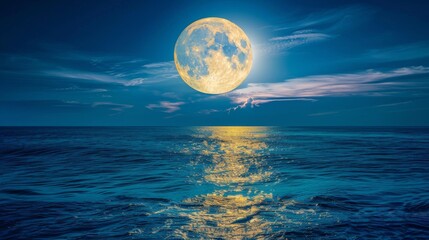 Gleaming full moon over calm ocean background - obrazy, fototapety, plakaty