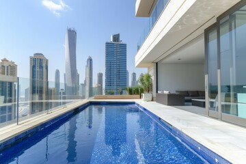 Obraz premium A contemporary designed poolside area featuring a panoramic view of towering skyscrapers under a blue sky