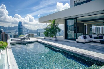 A stylish pool terrace boasting a modern design with a stunning backdrop of urban mountains and clear blue skies