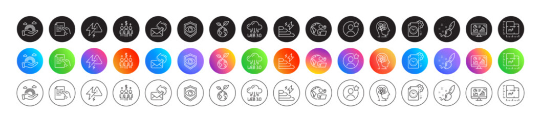 Project deadline, Floor plan and Hold document line icons. Round icon gradient buttons. Pack of Lgbt, Paint brush, Consumption growth icon. Meeting, Save planet, Stress pictogram. Vector
